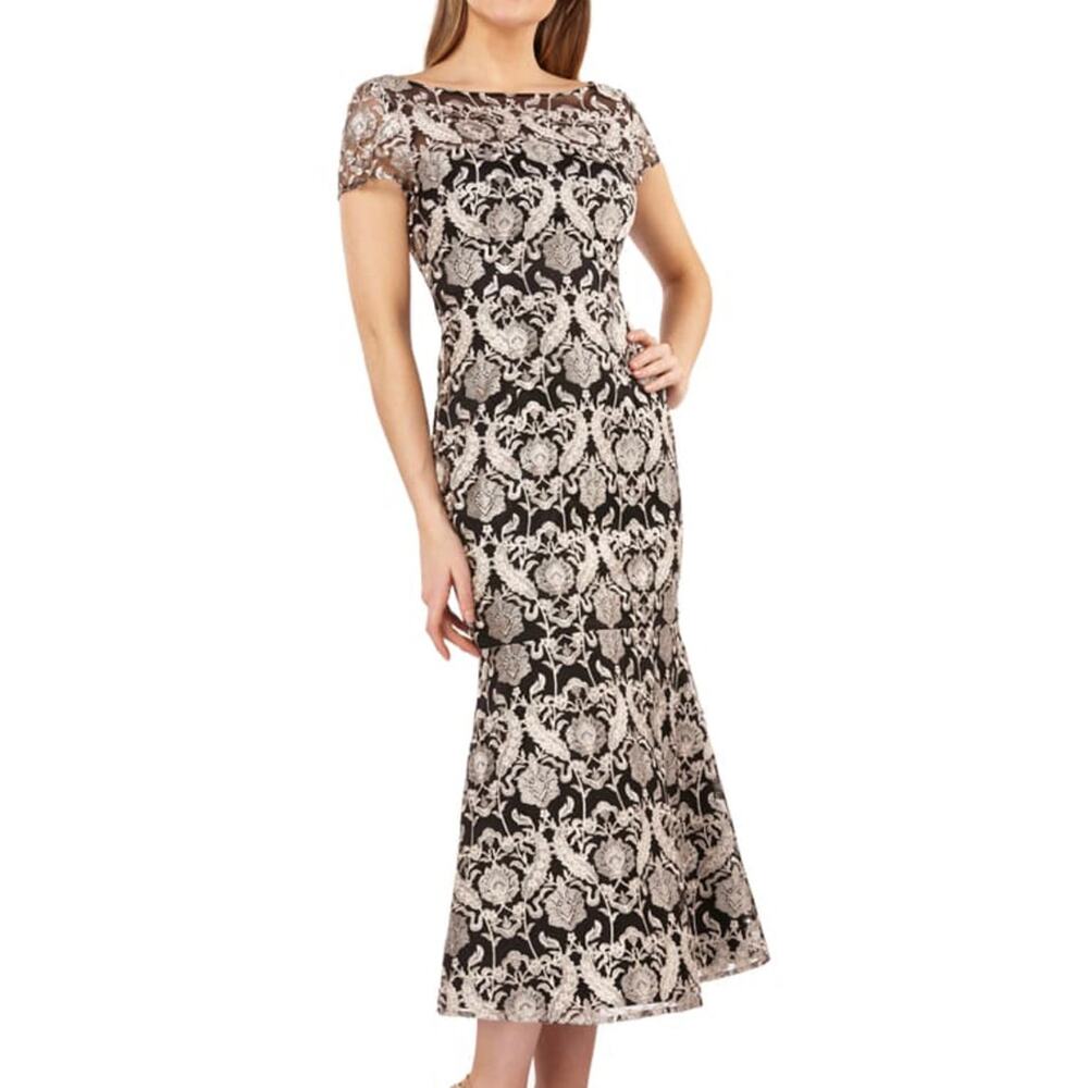 JS Collections Womens Embroidered Midi Dress Ivory Black Size 2 $358